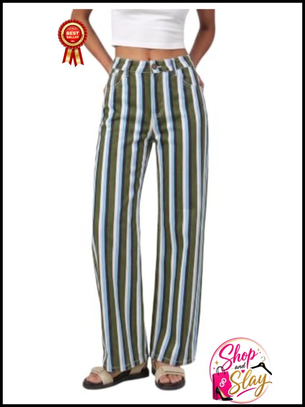 Striped Wide Leg Jeans High Waisted Denim Pants